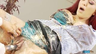 Dirty dykes smear themselves with edibles while fingering👉 their labia and pounding vaginas with toys
