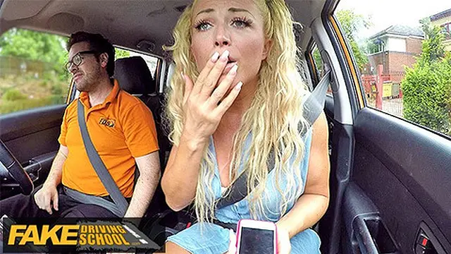 Blonde MILF unzips her dress for a hot drive in a parked car - fake driving lesson