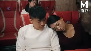Asian MOM with big tits gives a blowjob in a public bus